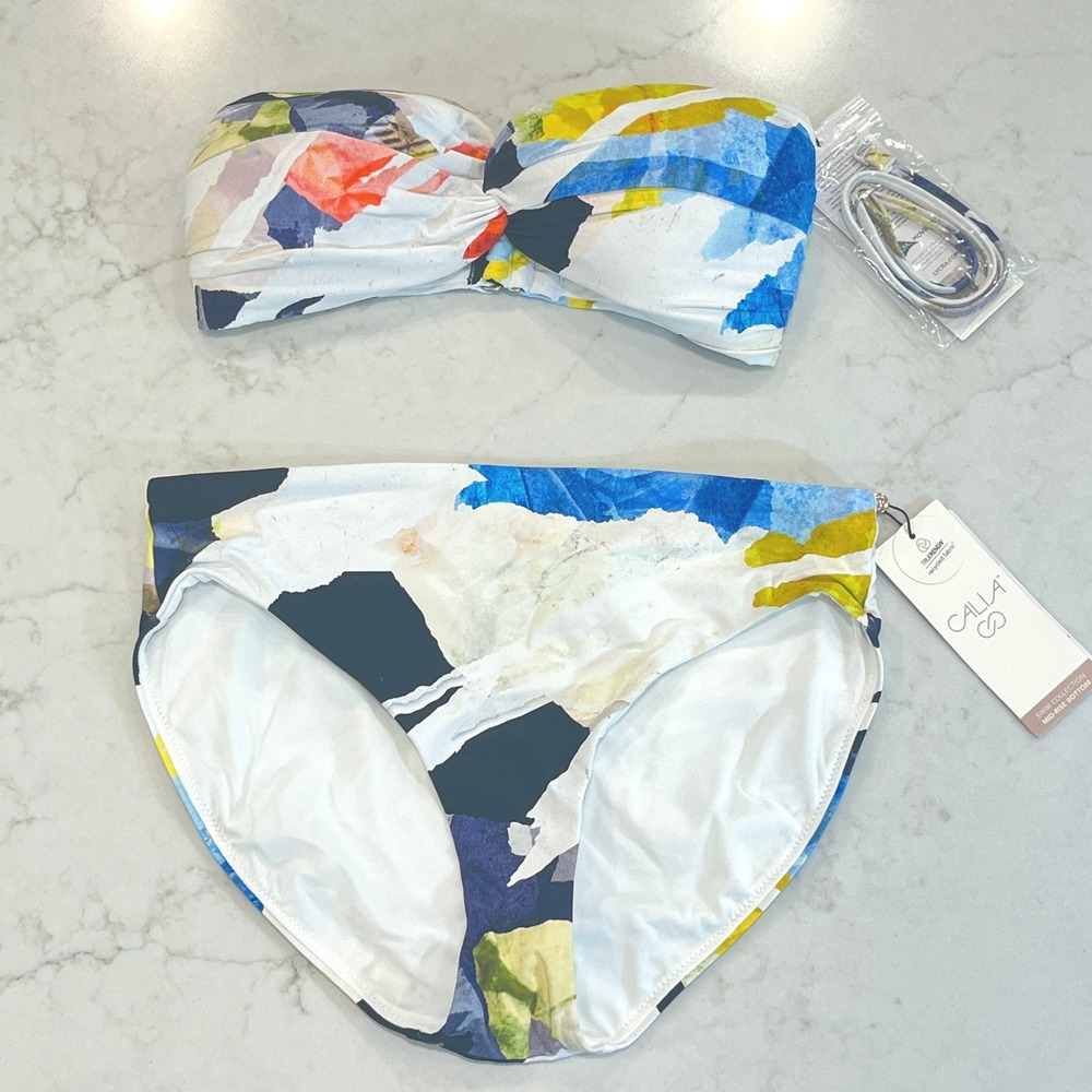 CALIA Twisted Bandeau Bikini Set Womens XS Collage Pure White Abstract Print NEW